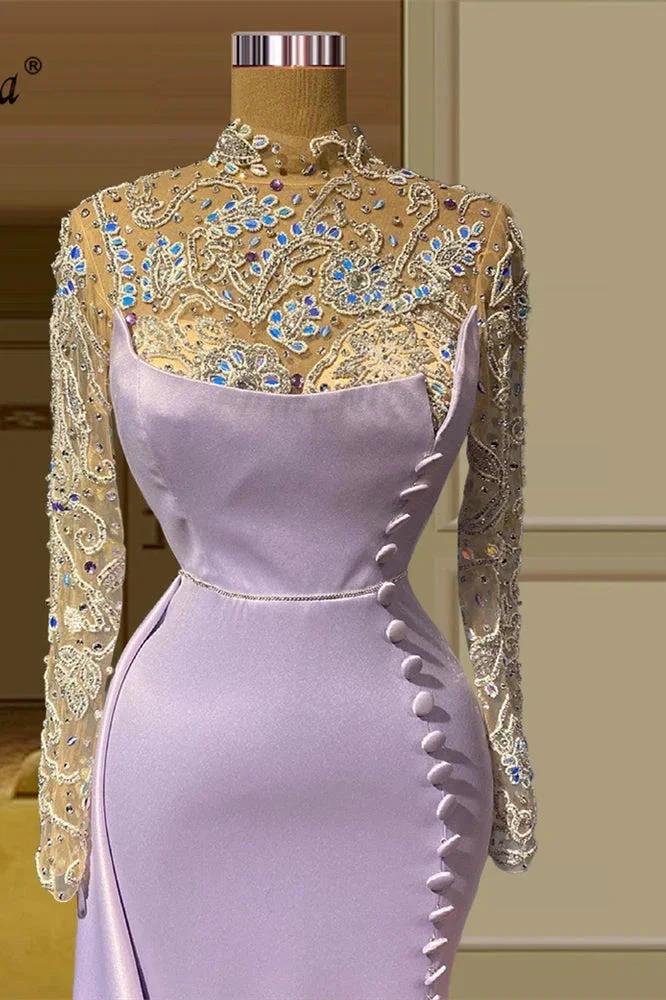 Elegant Long Mermaid High Neck Lace Beading Prom Dress With Long Sleeves by misshow.com