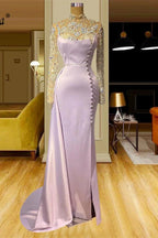 Elegant Long Mermaid High Neck Lace Beading Prom Dress With Long Sleeves by misshow.com