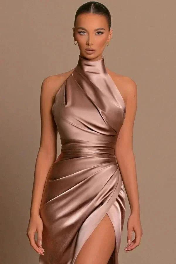 Elegant Long Mermaid High Neck Satin Formal Prom Dress With Slit (ZD04170)