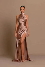 Elegant Long Mermaid High Neck Satin Formal Prom Dress With Slit (ZD04170)