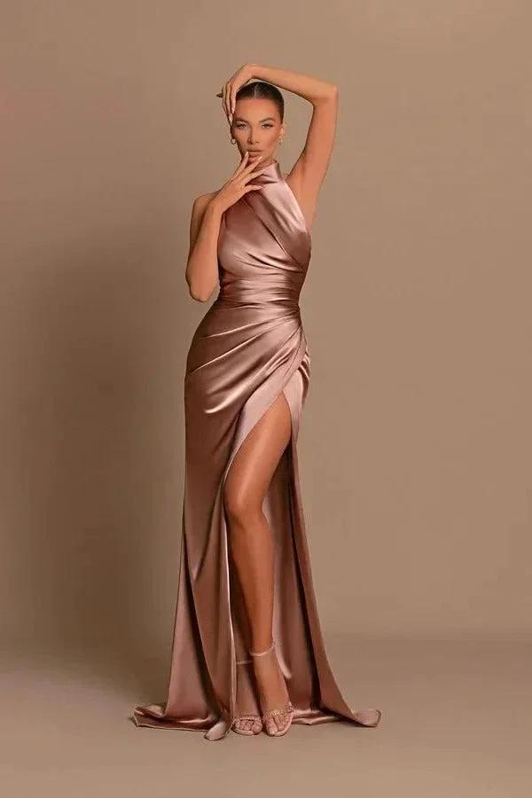 Elegant Long Mermaid High Neck Satin Formal Prom Dress With Slit (ZD04170)