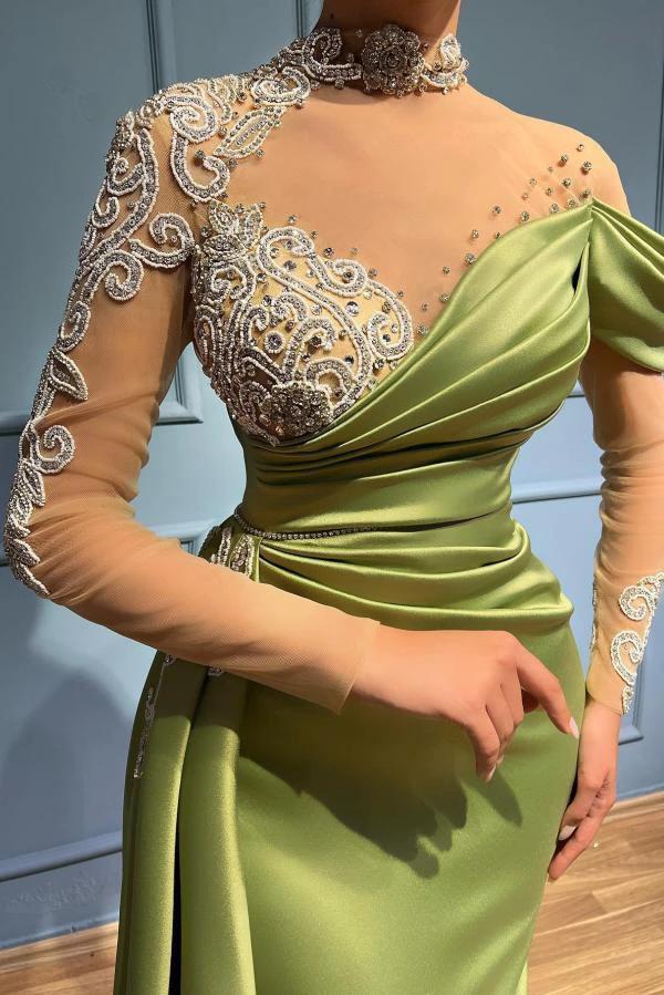 Elegant Long Mermaid High Neck Satin Lace Prom Dresses with Sleeves by BIZTUNNEL