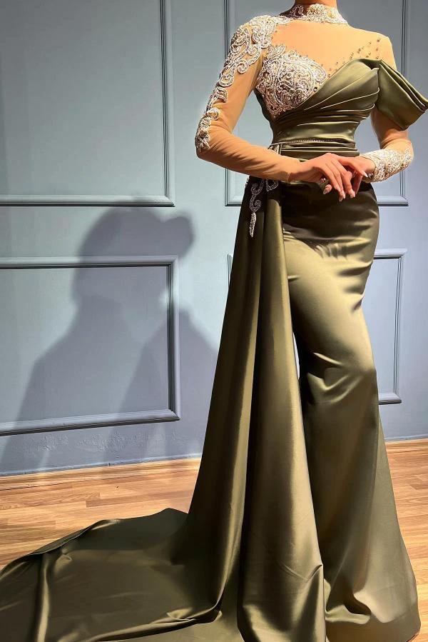 Elegant Long Mermaid High Neck Satin Lace Prom Dresses with Sleeves by BIZTUNNEL