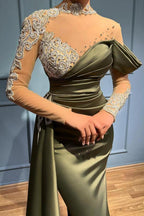 Elegant Long Mermaid High Neck Satin Lace Prom Dresses with Sleeves by BIZTUNNEL