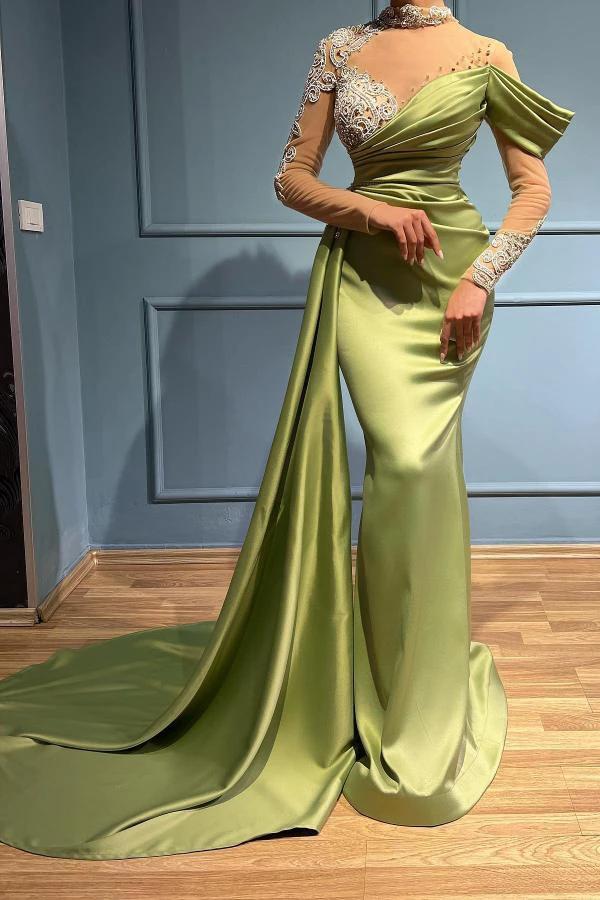 Elegant Long Mermaid High Neck Satin Lace Prom Dresses with Sleeves by BIZTUNNEL