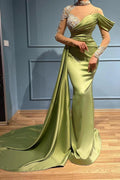 Elegant Long Mermaid High Neck Satin Lace Prom Dresses with Sleeves by BIZTUNNEL