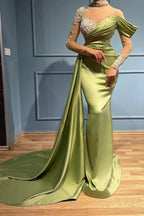 Elegant Long Mermaid High Neck Satin Lace Prom Dresses with Sleeves by BIZTUNNEL