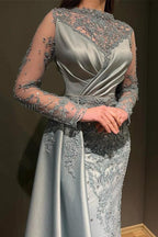 Elegant Long Mermaid Jewel Satin Appliques Lace Beading Prom Dress with Sleeves by BIZTUNNEL
