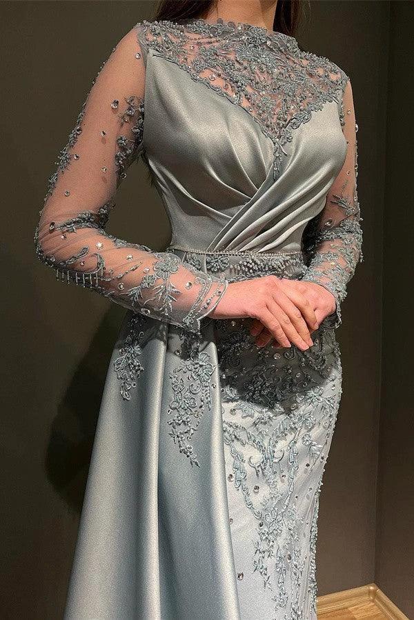 Elegant Long Mermaid Jewel Satin Appliques Lace Beading Prom Dress with Sleeves by BIZTUNNEL