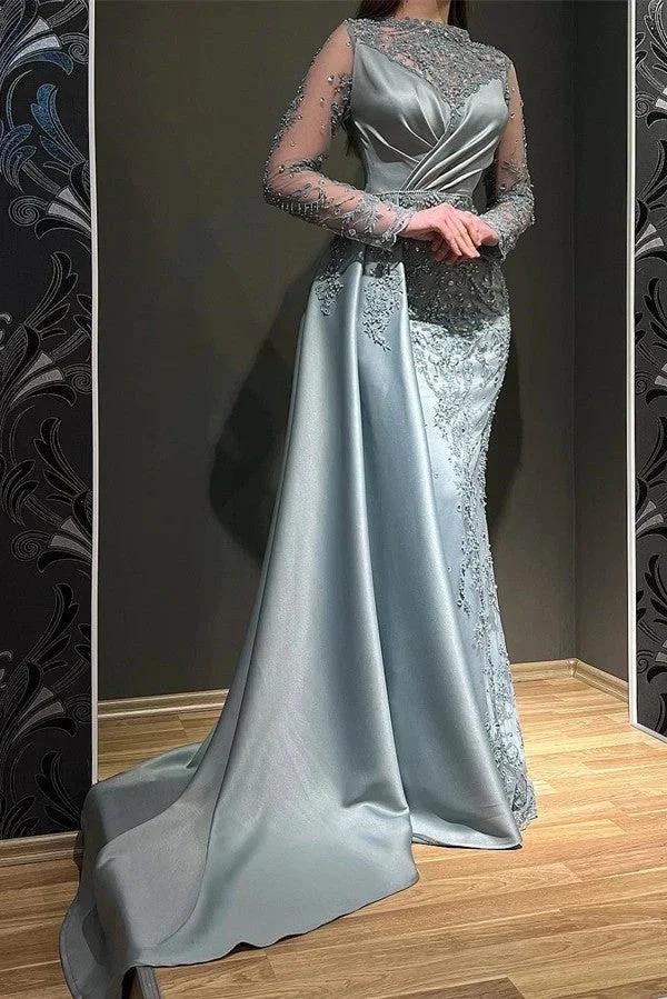 Elegant Long Mermaid Jewel Satin Appliques Lace Beading Prom Dress with Sleeves by BIZTUNNEL