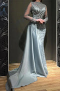 Elegant Long Mermaid Jewel Satin Appliques Lace Beading Prom Dress with Sleeves by BIZTUNNEL