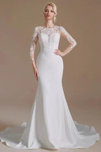 Elegant Long Mermaid Jewel Satin Lace Wedding Dress with Sleeves by BIZTUNNEL
