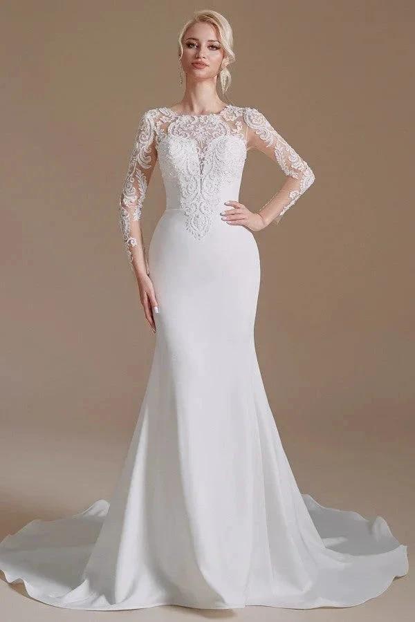 Elegant Long Mermaid Jewel Satin Lace Wedding Dress with Sleeves by BIZTUNNEL