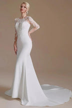 Elegant Long Mermaid Jewel Satin Lace Wedding Dress with Sleeves by BIZTUNNEL
