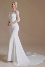 Elegant Long Mermaid Jewel Satin Lace Wedding Dress with Sleeves by BIZTUNNEL