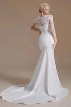 Elegant Long Mermaid Jewel Satin Lace Wedding Dress with Sleeves by BIZTUNNEL