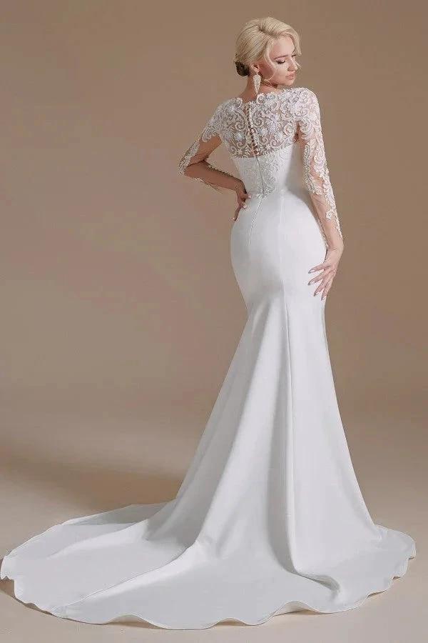 Elegant Long Mermaid Jewel Satin Lace Wedding Dress with Sleeves by BIZTUNNEL