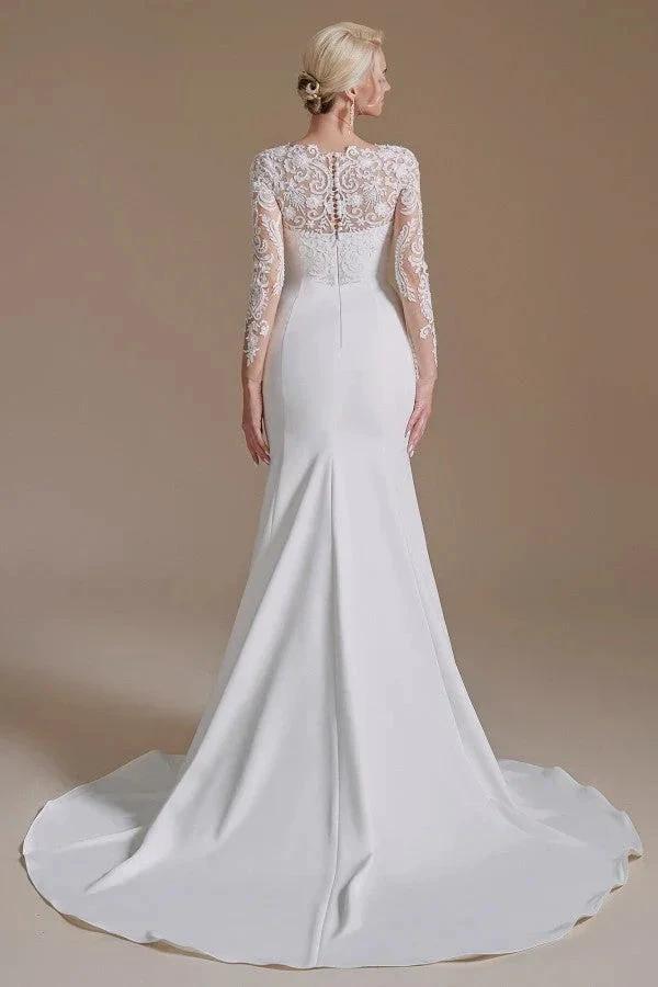Elegant Long Mermaid Jewel Satin Lace Wedding Dress with Sleeves by BIZTUNNEL