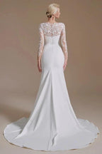 Elegant Long Mermaid Jewel Satin Lace Wedding Dress with Sleeves by BIZTUNNEL