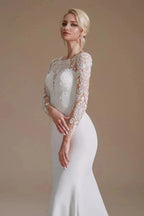 Elegant Long Mermaid Jewel Satin Lace Wedding Dress with Sleeves by BIZTUNNEL