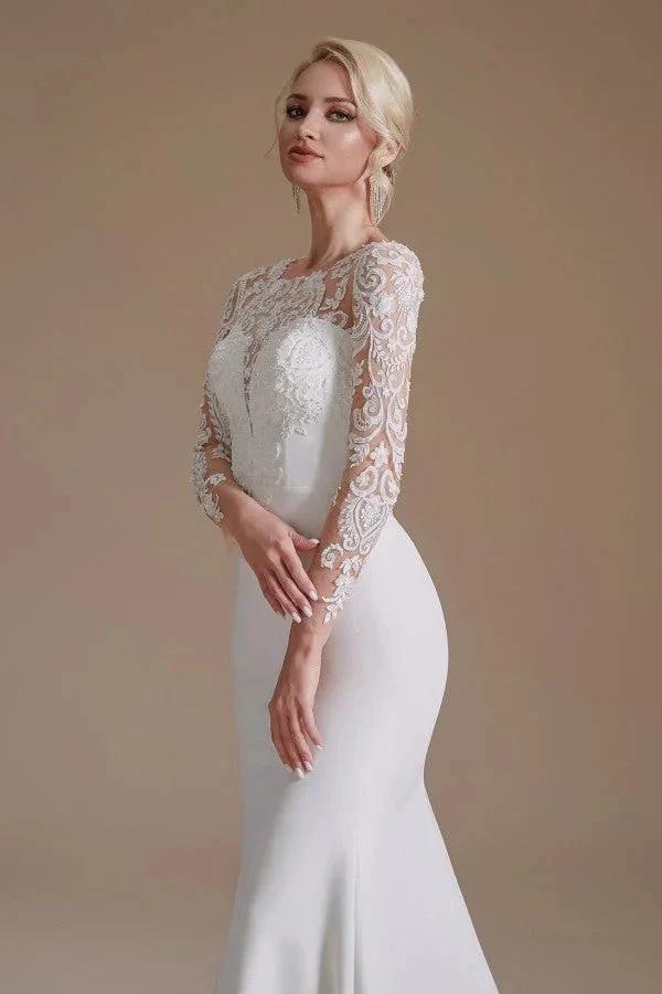 Elegant Long Mermaid Jewel Satin Lace Wedding Dress with Sleeves by BIZTUNNEL