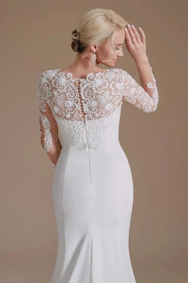 Elegant Long Mermaid Jewel Satin Lace Wedding Dress with Sleeves by BIZTUNNEL