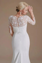 Elegant Long Mermaid Jewel Satin Lace Wedding Dress with Sleeves by BIZTUNNEL