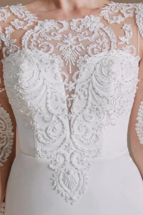 Elegant Long Mermaid Jewel Satin Lace Wedding Dress with Sleeves by BIZTUNNEL