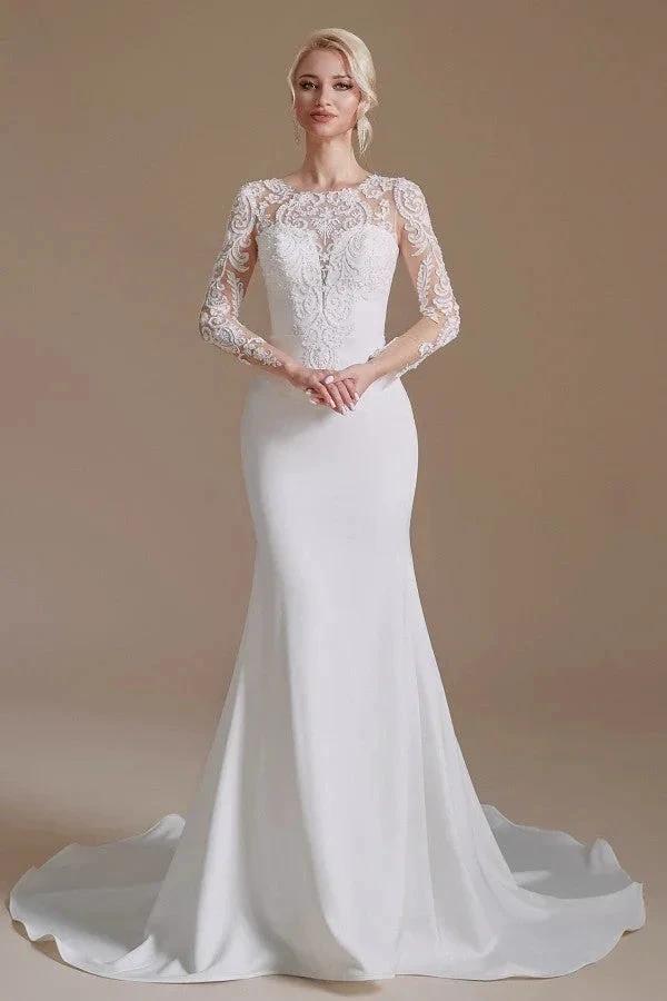 Elegant Long Mermaid Jewel Satin Lace Wedding Dress with Sleeves by BIZTUNNEL
