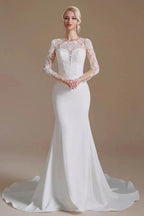 Elegant Long Mermaid Jewel Satin Lace Wedding Dress with Sleeves by BIZTUNNEL