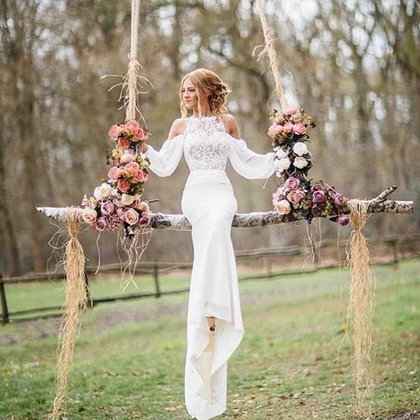 Vestido de Noiva Elegante Comprido em Renda e Chiffon com Mangas em Estilo Sereia