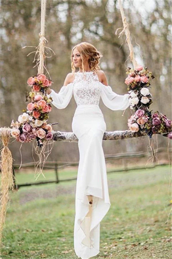 Vestido de Noiva Elegante Comprido em Renda e Chiffon com Mangas em Estilo Sereia
