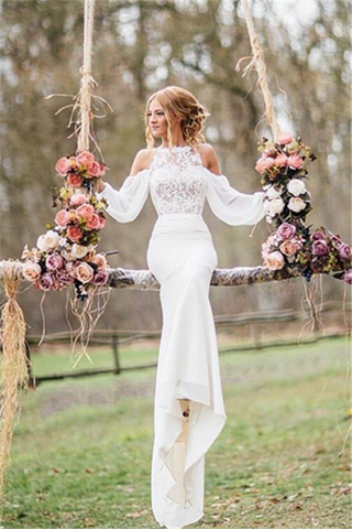 Elegant Long Mermaid Lace Chiffon Wedding Dress with Sleeves