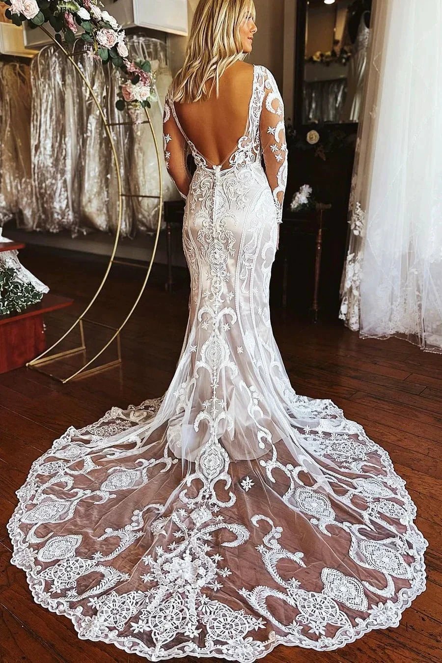 Elegant Long Mermaid Lace Long Sleeves Appliques Wedding Dress by misshow.com