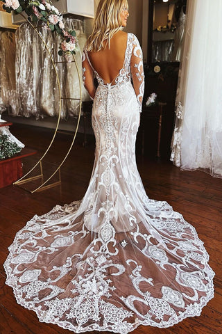 Elegante vestido de novia largo de sirena con encaje y mangas largas con apliques