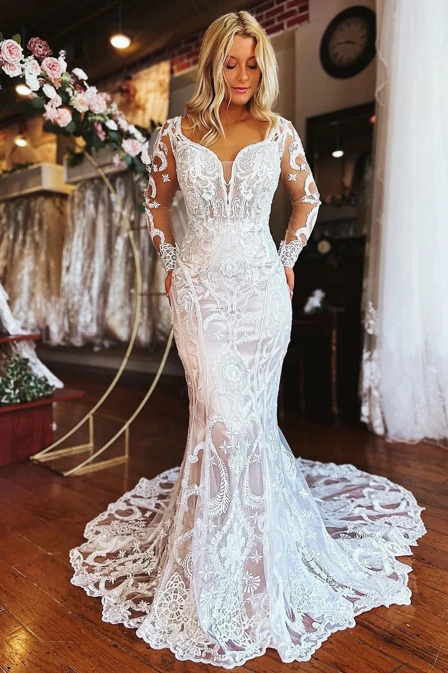 Elegant Long Mermaid Lace Long Sleeves Appliques Wedding Dress by misshow.com