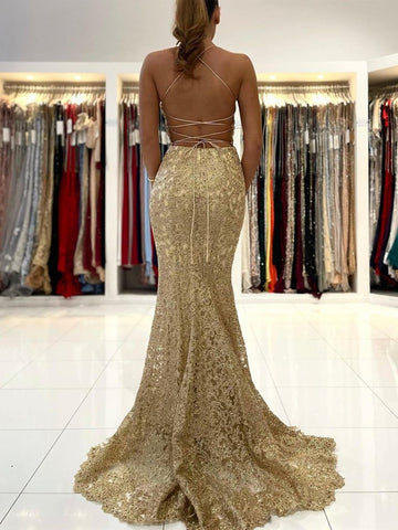Elegante vestido de graduación largo de sirena con encaje y espalda abierta