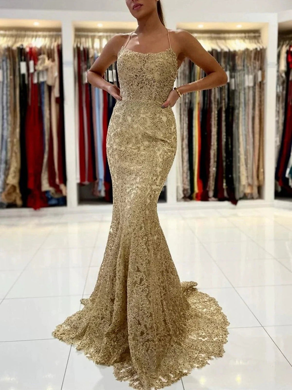 Vestidos Elegantes Longos de Renda com Costas Descobertas para Baile de Finalistas em Estilo Sereia