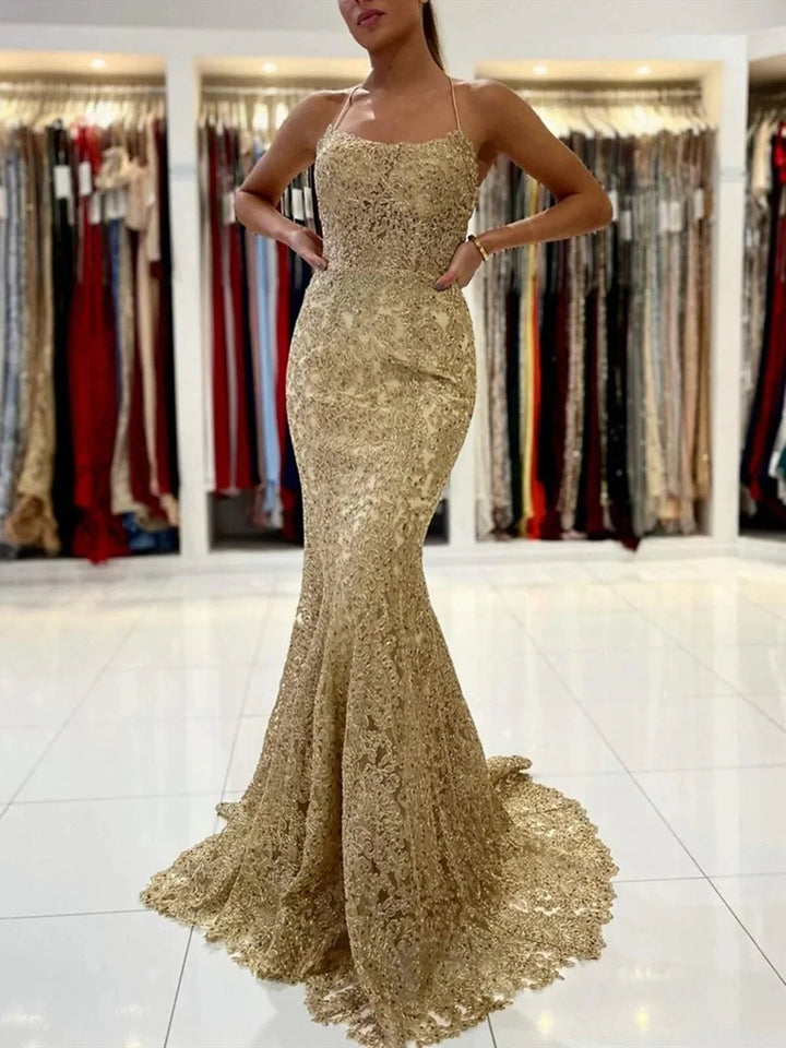 Elegant Long Mermaid Lace Open Back Graduation Prom Dresses