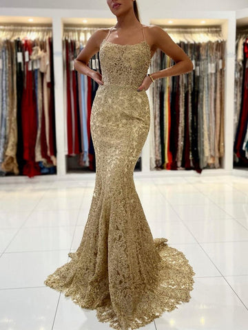 Elegante vestido de graduación largo de sirena con encaje y espalda abierta