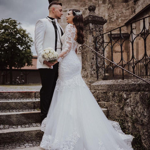 Elegant Long Mermaid Lace Open Back Wedding dresses with Sleeves