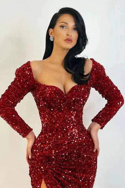 Elegant Long Mermaid Long Sleeves Sequined Prom Dress With Slit by misshow.com