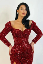 Elegant Long Mermaid Long Sleeves Sequined Prom Dress With Slit by misshow.com