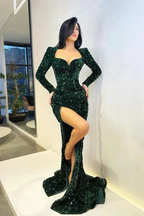 Elegant Long Mermaid Long Sleeves Sequined Prom Dress With Slit by misshow.com