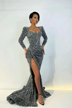Elegant Long Mermaid Long Sleeves Sequined Prom Dress With Slit by misshow.com