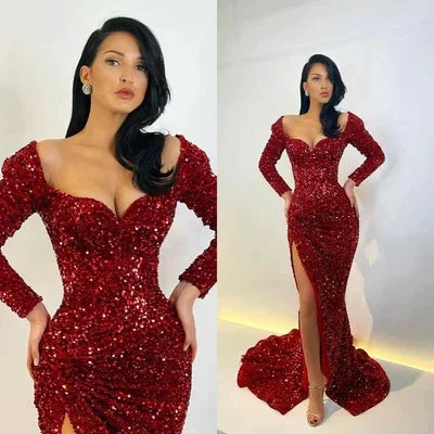 Elegant Long Mermaid Long Sleeves Sequined Prom Dress With Slit by misshow.com