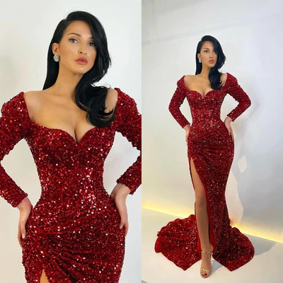 Elegant Long Mermaid Long Sleeves Sequined Prom Dress With Slit
