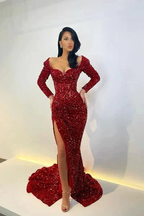 Elegant Long Mermaid Long Sleeves Sequined Prom Dress With Slit by misshow.com