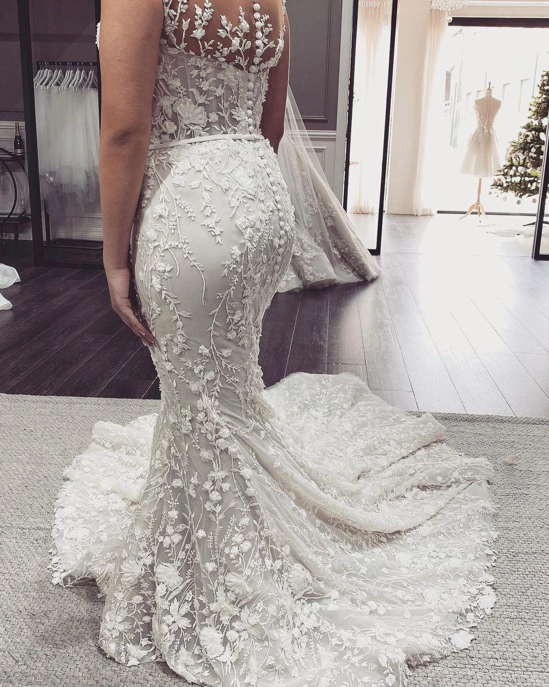 Elegant Long Mermaid Off-the-Shoulder Appliques Lace Backless Wedding Dress by BIZTUNNEL