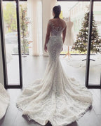Elegant Long Mermaid Off-the-Shoulder Appliques Lace Backless Wedding Dress by BIZTUNNEL